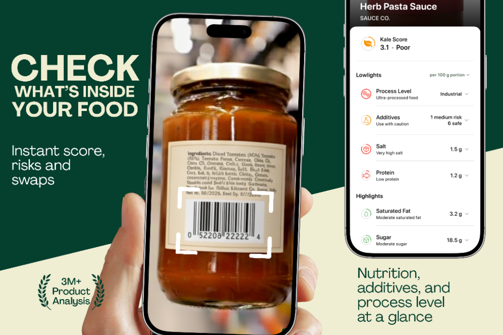 Kale app interface showing barcode scanning and nutritional analysis
