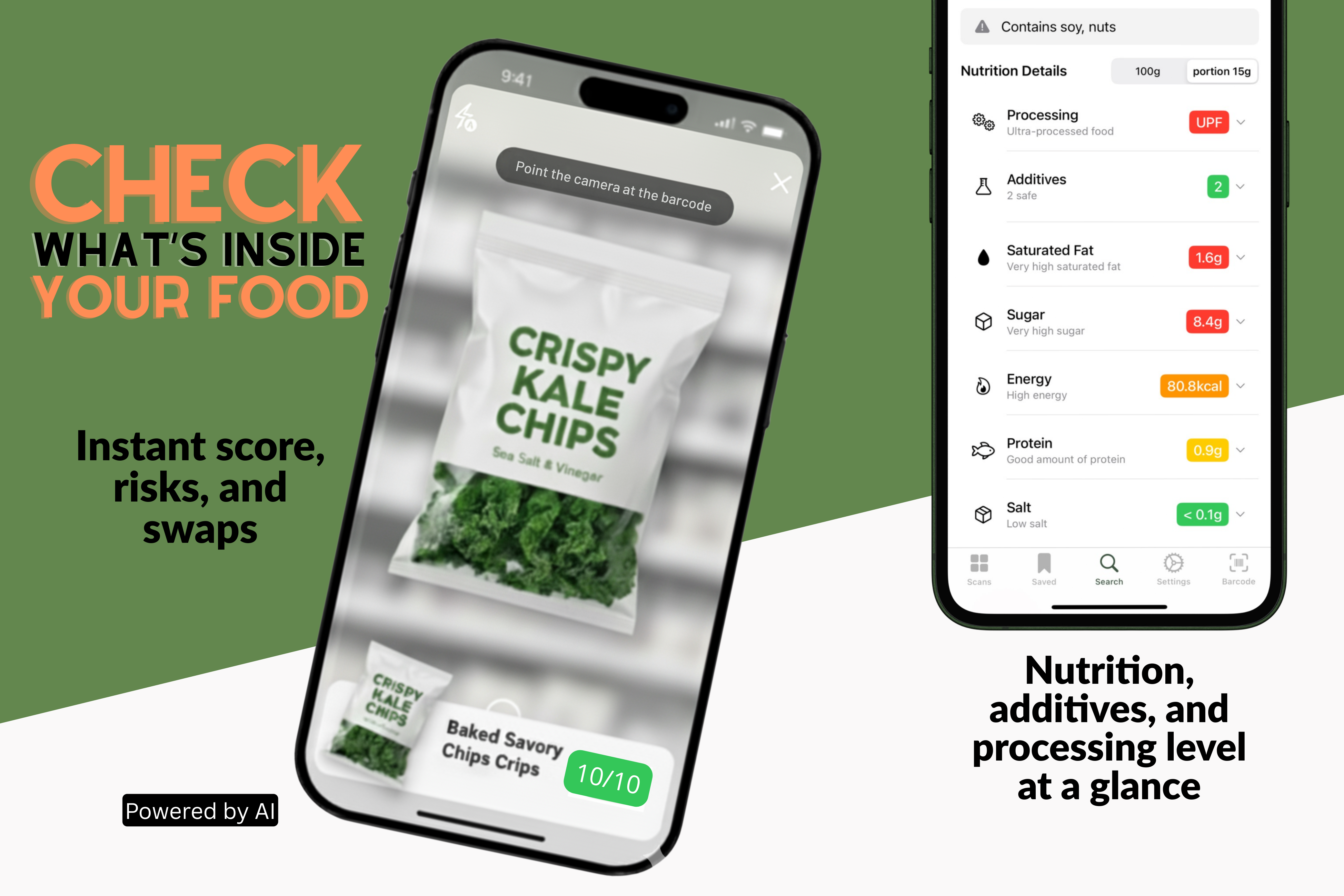 Kale app interface showing barcode scanning and nutritional analysis